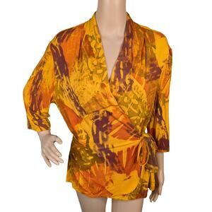 Beppa Art To Wear Golden Yellow Orange Batik Handmade Artsy Wrap Top SZ L